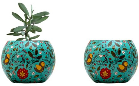 The Happy Garden Galvanised Metal Printed Ball Indoor Plant Pot, Floral & Bird Design – Decorative Metal Planter for Indoor & Outdoor Use – 5 Height – Small Pot for Plants, Flowers & Herbs