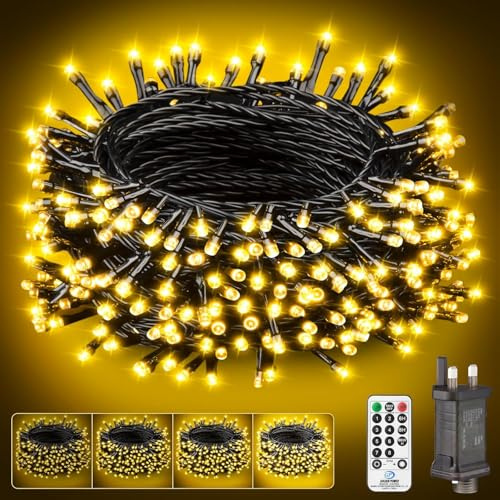 PBGMRT Christmas Tree Fairy Lights Outdoor - 15m 150LED Warm White String Light Mains Powered Dimmable 8-Modes Timer Remote Control Indoor Outside Waterproof Xmas Lighting Decoration