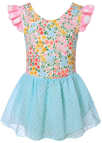 Funnycokid Ballet Leotard for Girls Dance Leotards with Skirt Toddler 5T Ruffle Sleeve Ballerina Outfit Size 5