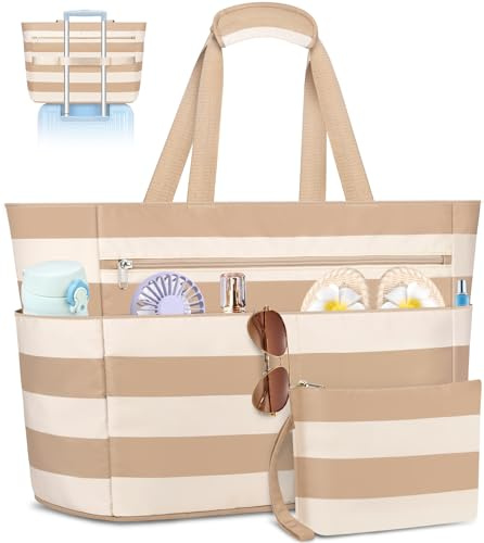 ENONEO Strandtasche mit Reißverschluss XXL Familie Strandtasche Damen Groß Shopper Tasche Beach Tote Bag Familien Badetasche Große Reisetasche Wasserdicht Saunatasche mit Viele Fächer 55L (Braun)