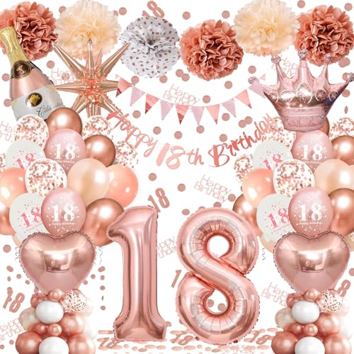 18th Birthday Balloons Rose Gold, Banner, Triangle Flag, 18th Birthday Decorations, Rose Gold Party Decorations Set, Latex, Heart, Crown And Numbers Balloons, Confetti, Paper Pom Poms