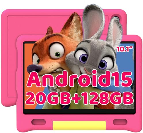 Laptok 10 Inch Kids Tablet, Android 15 Tablet for Kids with 20GB+128GB+1TB Expand｜Octa-Core｜Face ID｜5MP+8MP｜Parental Control｜WiFi 6｜BT 5.3｜Dual Speakers｜Protective Case(Pink)