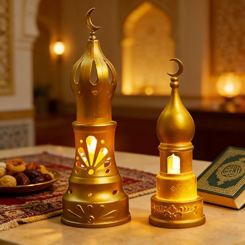 Ramadan Deko Laterne, 2er Kunststoff Ramadan Dekoration Kerzenhalter LED Kerzen mit Mond, Eid Mubarak Dekoration Lampe Ramadan Tischdeko LED Islam Deko Tischlampe für Ramadan Mubarak Deko