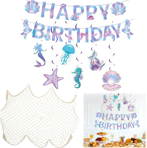 Meerjungfrau Geburtstagsdeko Set – 1m x 2m Natürliche Baumwoll-Netz, Happy Birthday Meerjungfrau Banner & 6 Spiralhänger für Kindergeburtstag, Meerjungfrau-Themenparty, Unterwasser Dekorat
