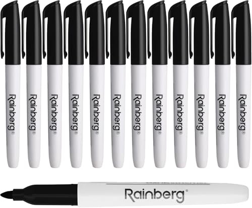 Rainberg Dry Erase Marker Pens, Pack of 12 Black Colours, 3mm Fine Tip, Low Odour, Quick-Drying & Easy Wipe, Ideal Dry Wipe Whiteboard Pens for School, Office, Home & Classroom