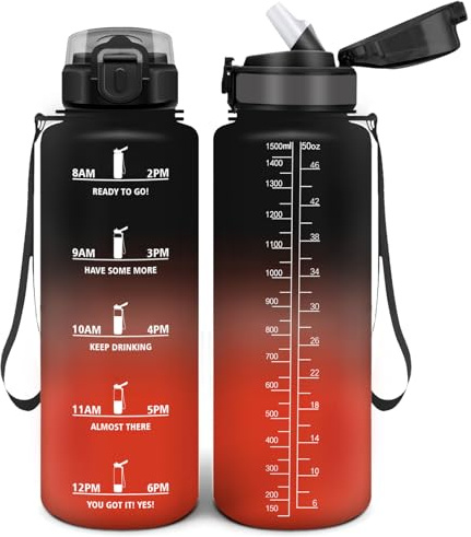 Trinkflasche 1500 ml, Auslaufsicher, Wasserflasche BPA-Frei, Motivierende mit Zeitmarkierung, Trinkflasche mit Strohhalm Schwarz & Rot