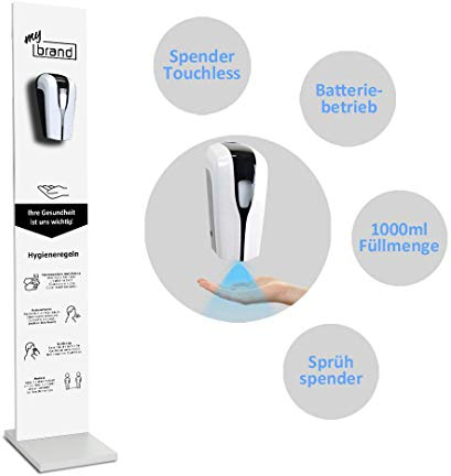 MyMAXXI | Mobiler Hand Desinfektionsständer Wood Printed Logo Sensor 1000ml mit individuellem Logo im Weis-Design stehend automatisch Infrarot | touchless Disinfection | Desinfektionsspender