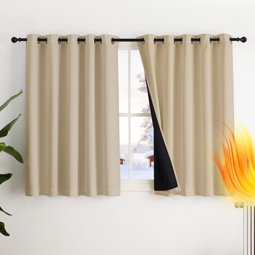 PONY DANCE 100% Blackout Curtains with Liner - Double-Layer Thermal Insulated 66x54 Inch Bedroom Curtains, Energy Saving & Noise Reducing, Biscotti Beige Eyelet Window Drapes (Set of 2 Panels)