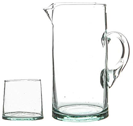 Nicola Spring 7pc Merzouga Recycled Glass Tumblers with 1L Jug - Clear Glass - Sustainable Hand-Blown Moroccan Drinkware for Juices, Cocktails, Water, Home, Bar, Dining Table, Eco-Friendly Gift