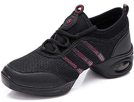 PADGENE Chaussures de Jazz pour Femmes, Baskets à Lacets-Coussin Respirant Dames Semelles Divisées Chaussures de Danse de Marche Sportive, Noir + Rose, 40 EU