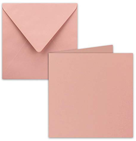 Set di 25 biglietti pieghevoli, quadrati, con buste, incollaggio a umido, 15 x 15 cm, per biglietti di auguri, inviti e molto altro, colore rosa antico