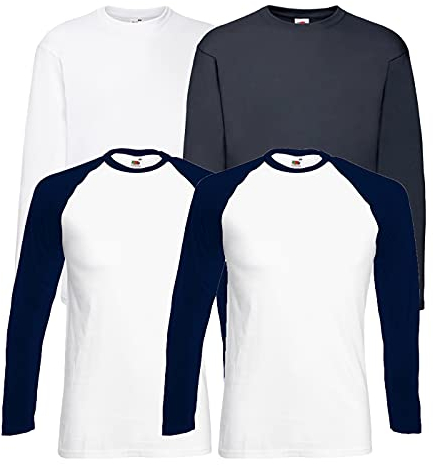 Fruit of the Loom 4 T Shirt Longsleeve Baseball T M L XL XXL Langarm (XL,2 Base WhiteNavy + 1LS Weiss + 1LS Deep Navy + 1 HLKauf Notizblock)