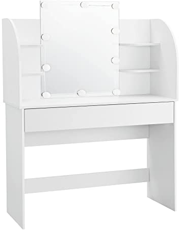 [en.casa] Schminktisch Köla mit LED Beleuchtung 140 x 108 x 40 cm Frisiertisch mit Spiegel Frisierkommode mit Schublade Kosmetiktisch Weiß