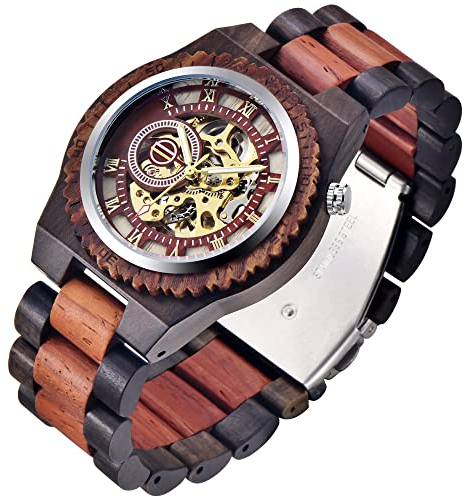 Dentily Herren Holzuhr Dreieck Skelett Automatikuhr Mechanische Holzuhren für Männer, Rot / Schwarz, Mechanisch, selbstaufziehend