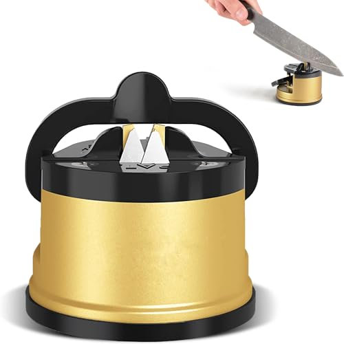 FISHTEC Afilador de Cuchillos de Cocina con Ventosa Antideslizante - Compatible con 3 Tipos de Cuchillas - Fix & Sharp - Afiladora Profesional - Adecuado para Cuchillas de Acero - Dorado