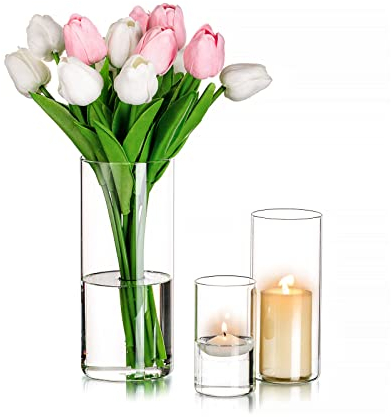 Romadedi Bougeoir en Verre Vase Cylindrique : Lot de 3 Supports pour Bougies Piliers Transparent Photophore pour Mariage, Fête, Table à Manger, Décoration de Table, Salon
