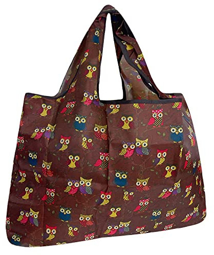 Allydrew Große, faltbare Einkaufstasche, Nylon, wiederverwendbar, Eulen braun, Large, Große, faltbare Einkaufstasche, Nylon, wiederverwendbar