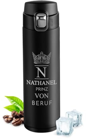 Maverton Trinkflasche mit Gravur 400 ml - Thermobecher auslaufsicher 100% dicht - Easy-Clean-Deckel - Thermoskanne aus Edelstahl - für Männer zum Geburtstag - schwarz - Prinz