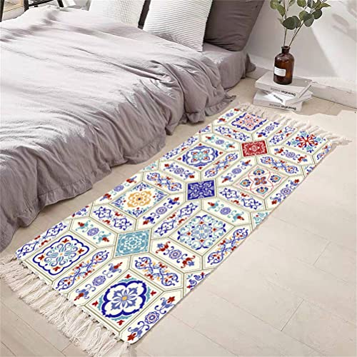 Tomifine Ethnischer Stil Böhmen Teppiche, Handgewebte Baumwolle Waschbar Teppiche mit Quaste für Wohnzimmer, Schlafzimmer, Küche, Kinderzimmer, Badezimmer (50x80 cm,Blau-Rot)