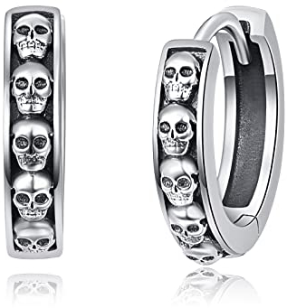 TANGPOET Totenkopf Ohrringe 925 Sterling Silber Schwarz Creolen Ohrring Totenkopf Kreolen Schwar Unisex Totenkopf Schmuck Halloween Geschenke für Männer Herren