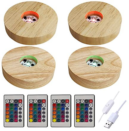 YWNYT 4 Stück LED Lichter Display Basis, Sockel mit Fernbedienung, 16 Farbige, Runde Beleuchtete Holzsockel für 3D-Kristallglas-Kunst, Kunstharz