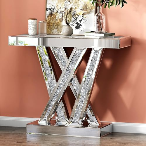 SHYFOY Rechteck Konsolentisch,Glas Spiegel,Eingangshalle,Tisch Crystal mit stabilem MDF-Rahmen, für Schlafzimmer, Wohnzimmer, Flur, Dekoration, Silber, 90 x 75 x 30 cm Couchtisch Beistelltisch