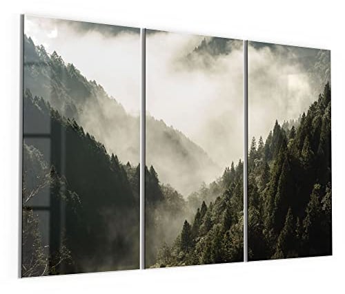 DEQORI Glasbilder Acrylglas | Motiv Nebel in den Bergen | horizontal 3-teilig 150x100 cm | große XXL Deko | Wandbilder für Wohnzimmer, Schlafzimmer, Flur & Küche | moderne Wanddeko