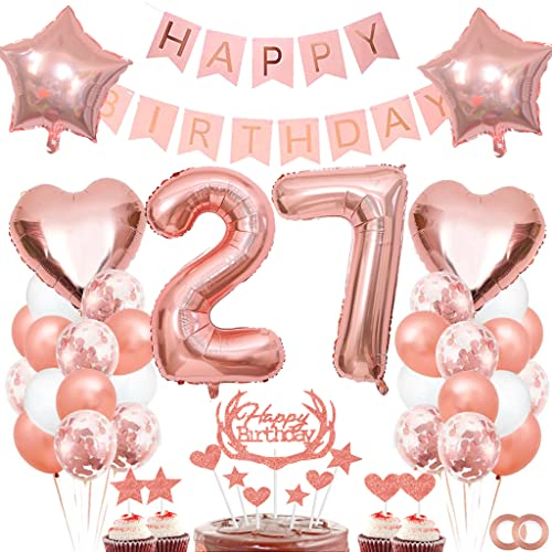 Dalettu Geburtstagdeko 27 Jahre Geburtstag Frau, Luftballon 27. Geburtstag Deko, Tortendeko Geburtstag 27. Frauen, Folienballon Zahl 27 Rosegold, Happy Birthday Girlande für 27. Geburtstag Party Deko