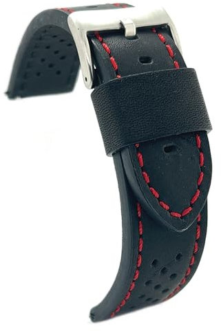 diloy Uhrenarmband Rindsleder glatt perforiert Rallye Racing Vintage – Kontrastnähte schwarz weiß rot blau – Größen 20mm 22mm 24mm – Schwarz – Sportlich klassisch 398 Schwarz Und Rot 20mm