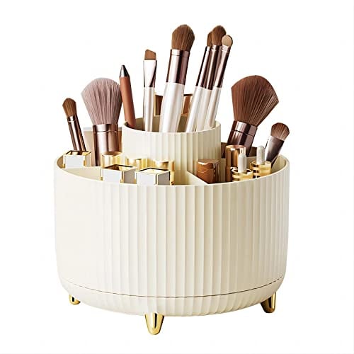 DASITON Rangement Maquillage de Grande Capacité,Organisateur de Maquillage Rotation à 360°,Rangement Pinceaux Maquillage avec 5 Compartiments,pour Coiffeuse,Salle de Bains,Chambre(Crème)