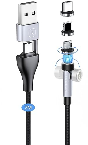 Kuulaa 6-in-1 Magnet Ladekabel [2M], 360°&180° Ladekabel Magnetisch 18W Schnelle Aufladung, USB C Magnetisches Ladekabel 3A Schnelllade und Datenübertragungs für USB C/Micro USB/i-Produkte