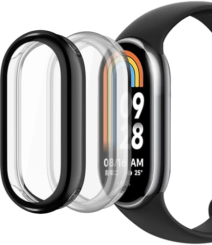 sciuU Hülle Kompatibel mit Xiaomi Mi Smart Band 8 Fitness, [2 Stück] Rundum Schutzhülle mit Displayschutzfolie, Flexible TPU-Gehäuse Case Schale Kompletter Schutz Cover für Mi Band 8, Schwarz + Klar