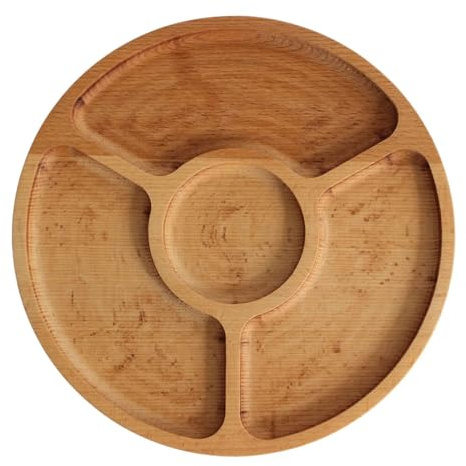4BIG.fun Ø25cm Servierplatte aus natürlichem Holz mit 4 geteilten Fächern, Servierteller von Vorspeisen, Käse und Snacks, Holzplatte Cheeseboard für Fleisch und Käse, Käseplatte, Cheese Board
