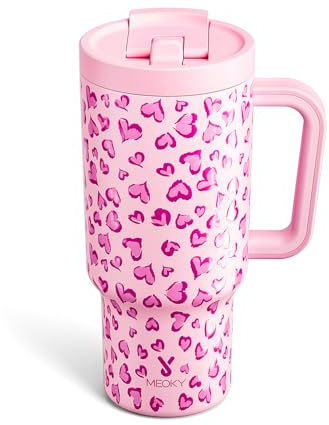 Meoky 32 oz Tumbler with Handle and Flip Straw, 100% Leakproof Tumbler with Lid and Straw, Stainless Steel Insulated Cup, Cupholder Friendly, Keeps Cold for 24 Hours (Love)