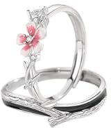 Romantico Fiore Di Ciliegio Anelli Di Promessa Per Coppie - Smalto Zircone Moda Anello Regolabile Rami Foglie Anello Aperto, S925 Fedi Nuziali Di Fidanzamento Accessori Di Gioielli Regalo, Un Paio Di