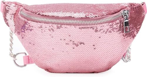 Theaque Glitzernde Pailletten Bauchtasche mit verstellbarem Gürtel für Damen und Mädchen, Rosa, Klassisch
