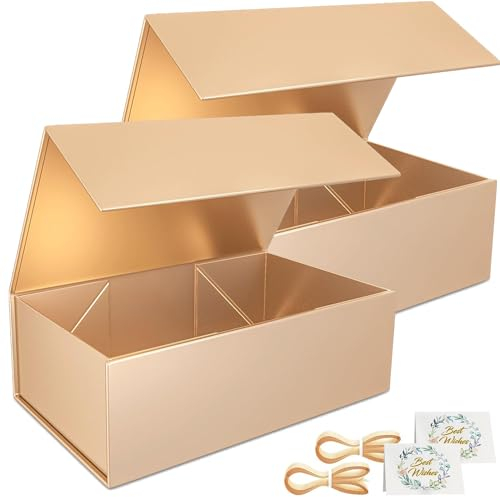 2 Pack Geschenkbox, 24x15x7.6cm Geschenkboxen für Presents with Lids Magnetic Closure Rectangle Collapsible for Groomsman Proposal Box, Christmas, Halloween, Birthday Gift Packging (Roségold)