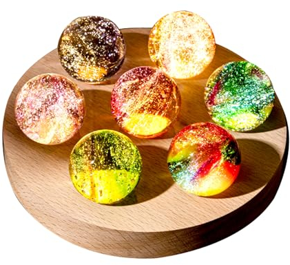 FIYSON 3D Kristallkugel Nachtlicht,USB 40mm Glas Kugel,7 Stück farbige Astronomie Sternenhimmel LED Ball Lampe,Mit Holzsockel,für Weihnachten/Geburtstag Astronomie Geschenk (Stil 2)
