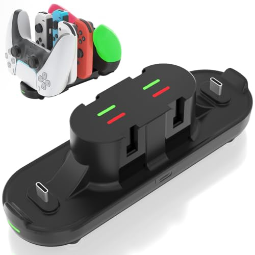 Station de charge pour manette de Nintendo Switch avec manette JoyCon/Pro/PS5, station de charge avec indicateur LED et câble de charge pour JoyCons, station de charge 6 en 1 Nintendo Gamepad