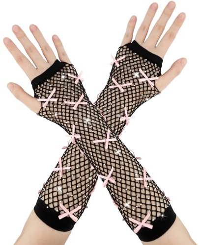 Guantes Rejilla Niña,Guantes De Redecilla Largos,Guantes Negros,Guantes De Rejilla Negro,Guantes De Malla Sin Dedos,Guantes De Cosplay,Halloween Guantes,Lazo Violeta Claro Con Piedras De Strass 1 Par