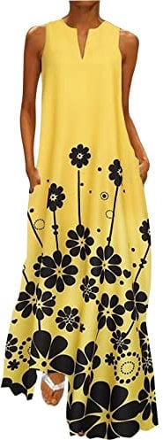 Skang Sun Dresses for Women UK Summer Dresses for Women UK Beach Casual Sundress Ladies Sleeveless Tank Dress Midi Floral Cover Ups Today's Deals Yellow