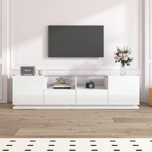 BTM Meuble TV LED Blanc Brillant avec lumière LED, Meuble TV avec Deux tiroirs et Deux Compartiments, Porte Haute Brillance Meuble TV pour Salon Blanc,165x38x43 cm