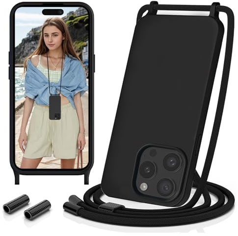 Sebor Handykette für iPhone 15 Pro Hülle mit Band, Necklace Silikon Handyhülle mit Kette für zum Umhängen mit Abnehmbar Kordel Schutzhülle für iPhone 15 Pro 6,1, Schwarz