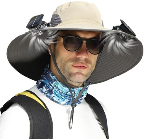 Wide Brim Solar Fan Outdoor Fishing Hat | Hat with Fan Built in | Sunscreen Sun Hat with Fan | Sun Hat with 2 Solar Fan | Solar & USB Charging | Summer UV Protection | for Outdoor Activities Khaki