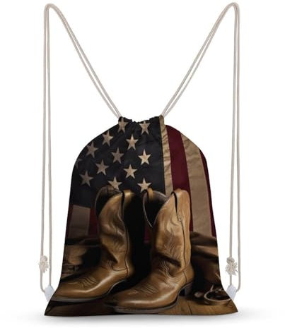 DJUETRUI Sacs en toile avec cordon de serrage pour homme et femme, drapeau américain avec bottes de cowboy, sac de sport, sac de plage, sac à dos de voyage, Drapeau américain avec bottes de cowboy,