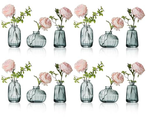 Lot de 12 mini vases en verre - 3 styles - Petit vase à fleurs - Pour décoration de table et décoration d'intérieur - Vert