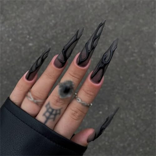 Long Stiletto Press-On Fake Nails Dark Black Matte Nail Art Decoration Halloween Stylish Manciure for Women and Girls 24pcs