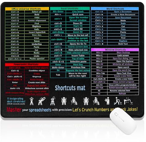 Tyqour Tapis de souris petit 26 x 21 cm, mini tapis de souris pour homme et femme, noir, Excel Shortcuts Tapis de souris antidérapant Mini pour PC, bureau, ordinateur portable, ordinateur - Noir
