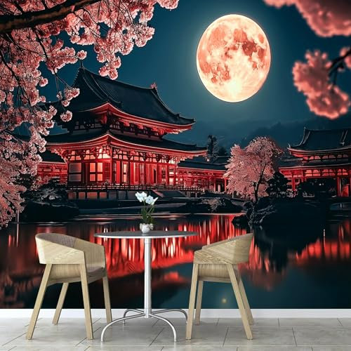 Fototapete 3D Effekt Roter Garten 250×175cm, Pavillon Im Japanischen Stil Tapete Wandbild Tapeten Für Kinderzimmer Deko Wohnzimmer Schlafzimmer