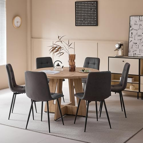 DEYARNA HOME Essgruppe 7-Teilig, 120cm Runder Esstisch und 6 Kunstleder Esszimmerstühle, Tisch und 6 Stühle für Küche, Wohnzimmer, Balkon, Restaurant, Büro (Helle Holzfarbe+Grau)